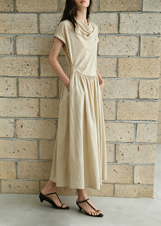 Women Apricot Tie Waist Cotton Maxi Dresses Summer