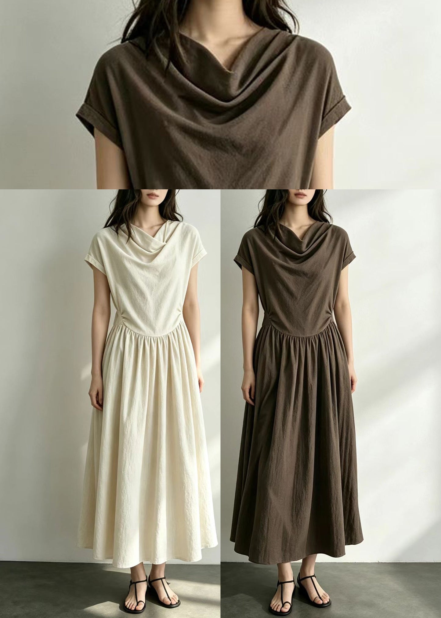 Women Apricot Tie Waist Cotton Maxi Dresses Summer