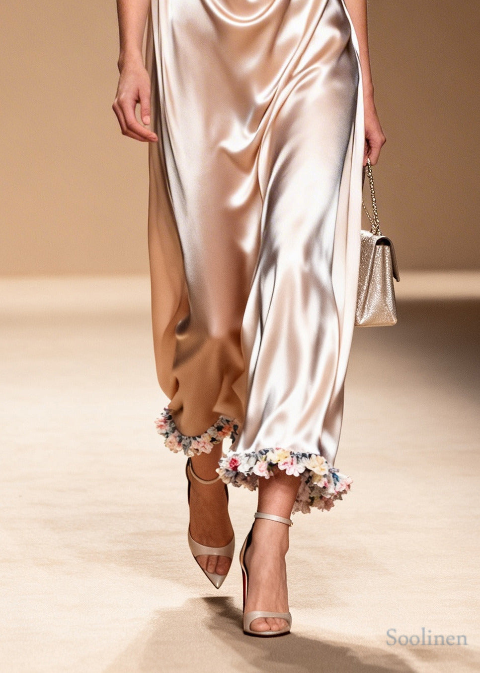 Women Apricot V Neck Floral Silk Maxi Dress Sleeveless
