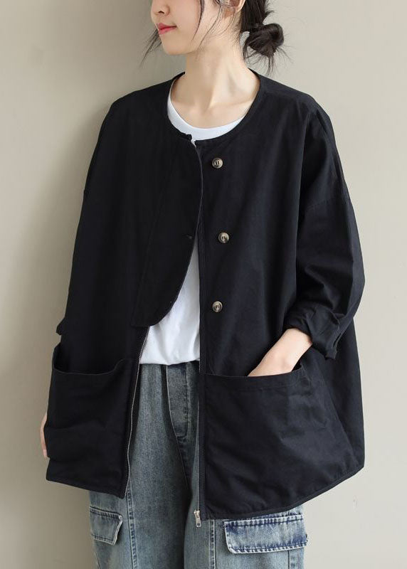 Women Army Green Zip Up Pockets Cotton Coat Spring