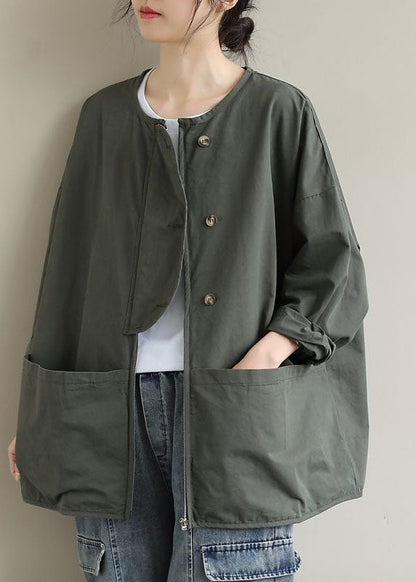 Women Army Green Zip Up Pockets Cotton Coat Spring