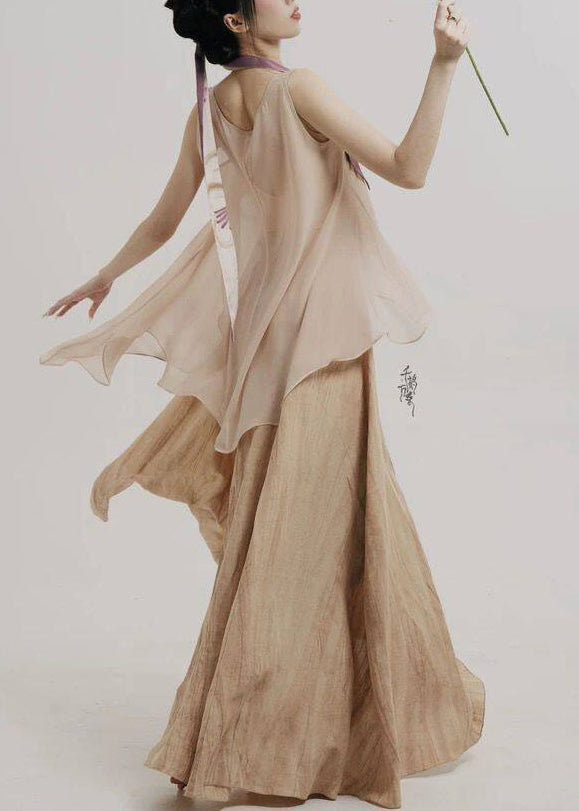 Women Asymmetrical Top And Skirts Chiffon Two Pieces Set Sleeveless