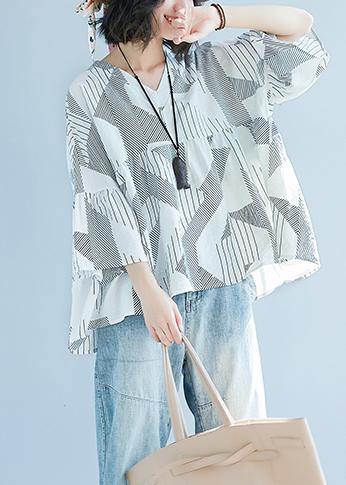 Women Batwing Sleeve v neck cotton Shirts Pakistani Shape white striped baggy shirts Summer - SooLinen
