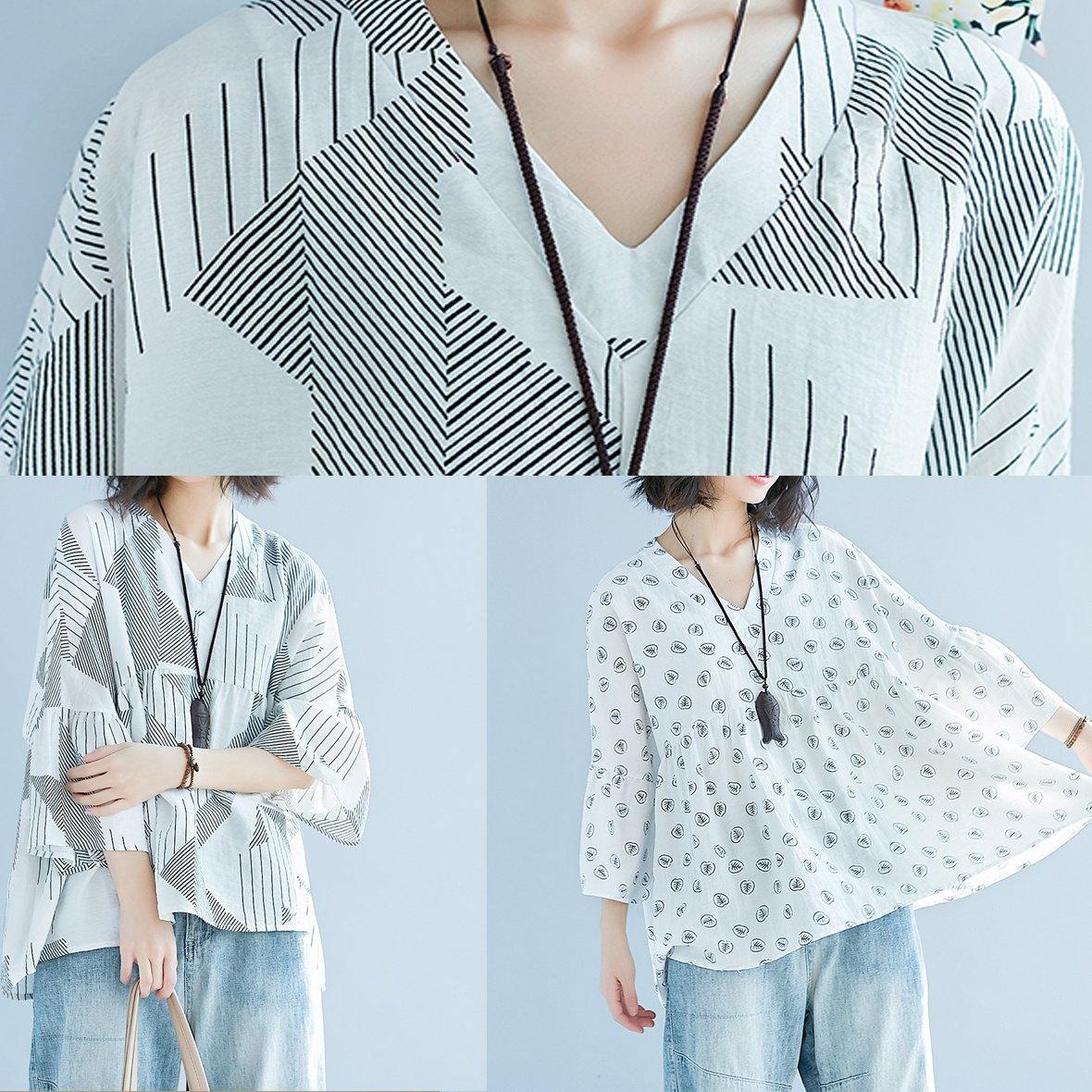 Women Batwing Sleeve v neck cotton Shirts Pakistani Shape white striped baggy shirts Summer - SooLinen
