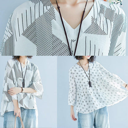 Women Batwing Sleeve v neck cotton Shirts Pakistani Shape white striped baggy shirts Summer - SooLinen