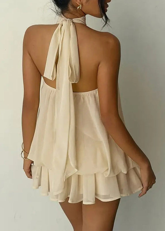 Women Beige Backless Holiday Chiffon Mid Dress Sleeveless