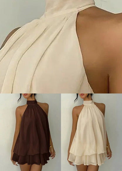 Women Beige Backless Holiday Chiffon Mid Dress Sleeveless