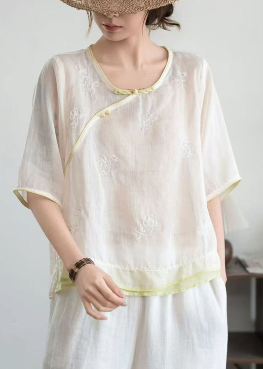 Women Beige Embroidered Patchwork Linen Oriental Shirt Summer
