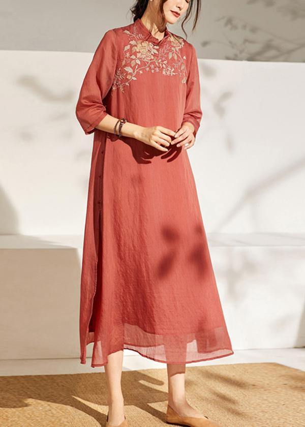 Women Beige Embroideried Patchwork Button Summer Long Dress - SooLinen