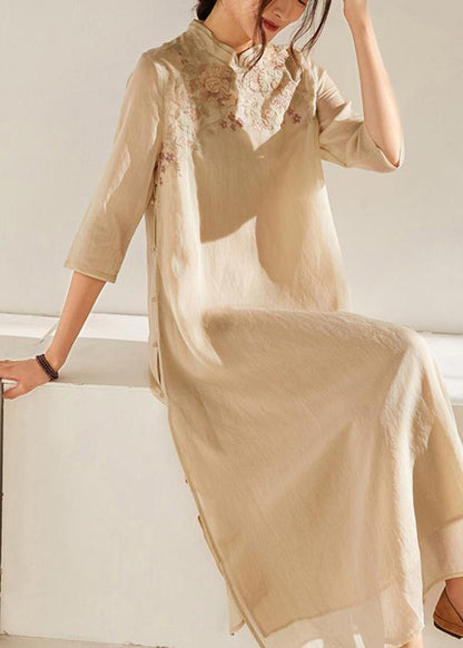 Women Beige Embroideried Patchwork Button Summer Long Dress - SooLinen
