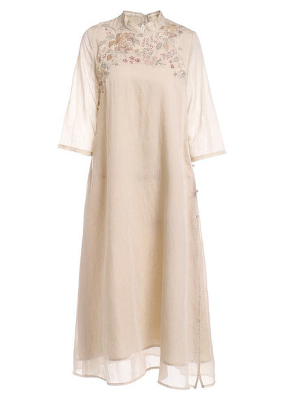 Women Beige Embroideried Patchwork Button Summer Long Dress - SooLinen