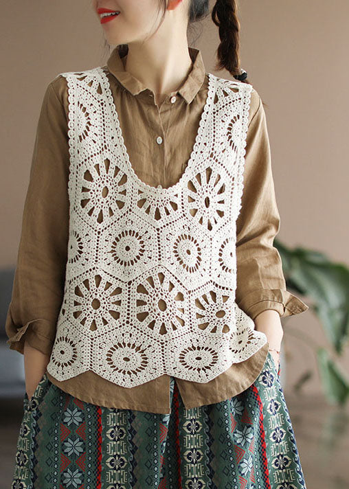 Women Beige Hollow Out Knit Vest Sleeveless