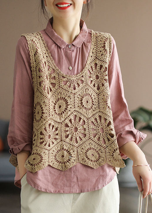 Women Beige Hollow Out Knit Vest Sleeveless