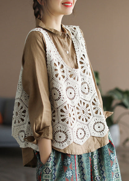 Women Beige Hollow Out Knit Vest Sleeveless