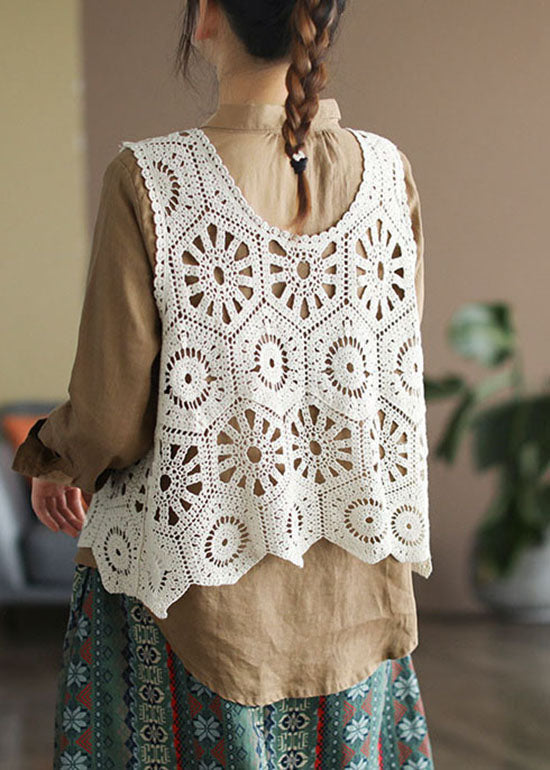 Women Beige Hollow Out Knit Vest Sleeveless
