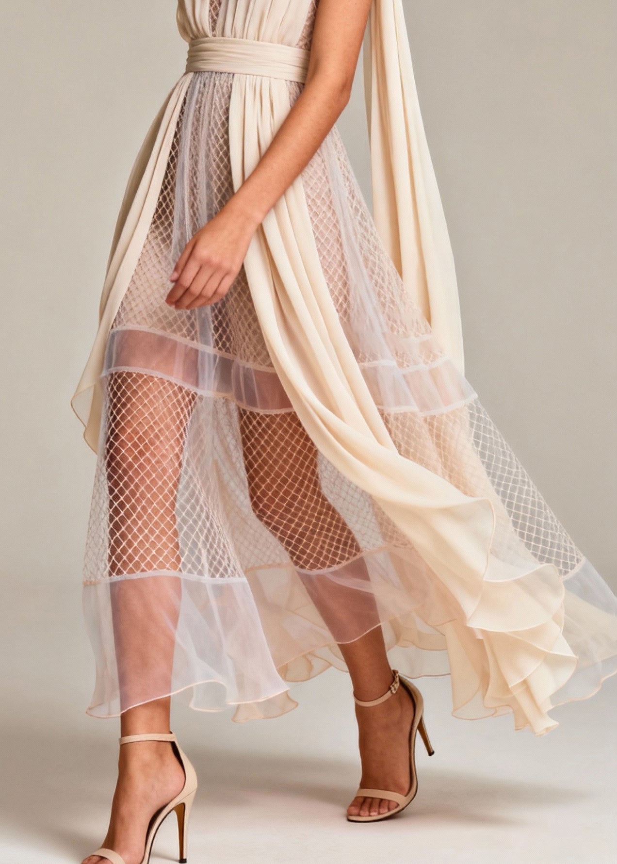 Women Beige Hollow Out Patchwork Tulle Evening Dress Summer