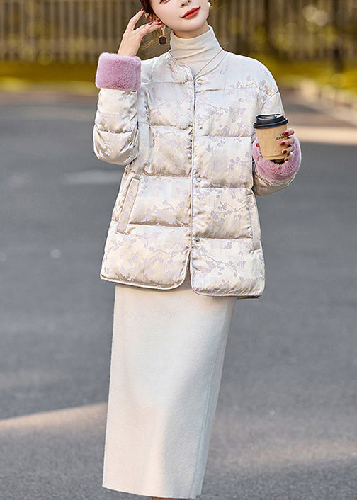 Abrigo de plumón de pato con retazos de piel jacquard beige para mujer para invierno