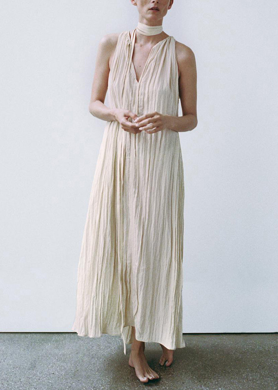Women Beige Lace Up Wrinkled Cotton Long Dresses Summer