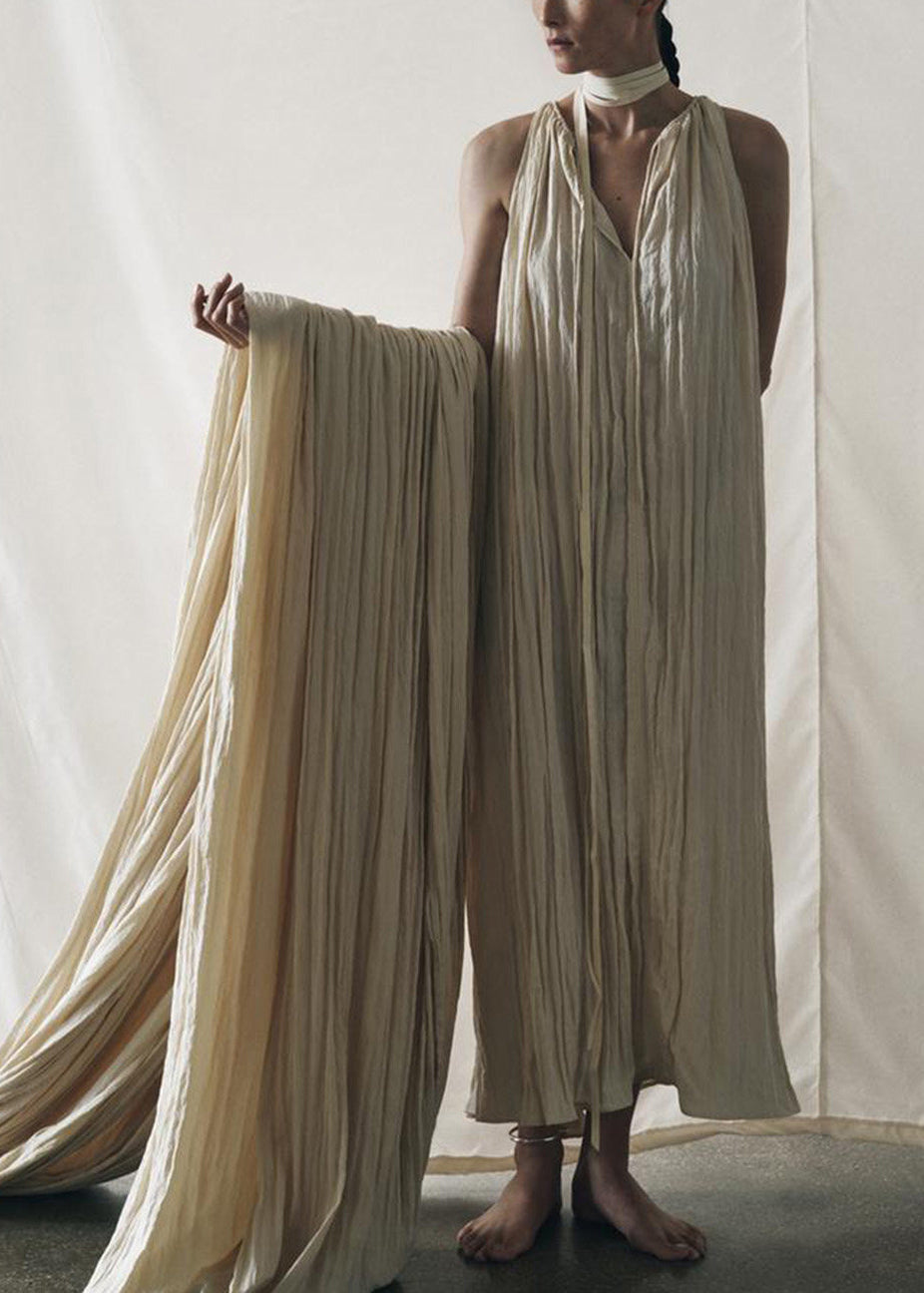 Women Beige Lace Up Wrinkled Cotton Long Dresses Summer