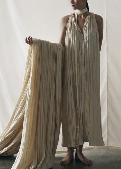 Women Beige Lace Up Wrinkled Cotton Long Dresses Summer