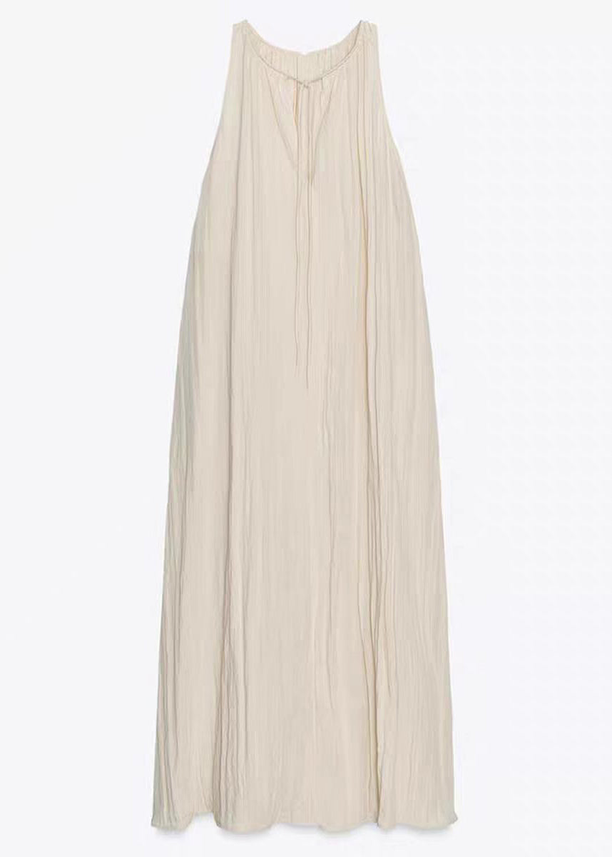 Women Beige Lace Up Wrinkled Cotton Long Dresses Summer