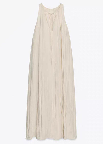 Women Beige Lace Up Wrinkled Cotton Long Dresses Summer