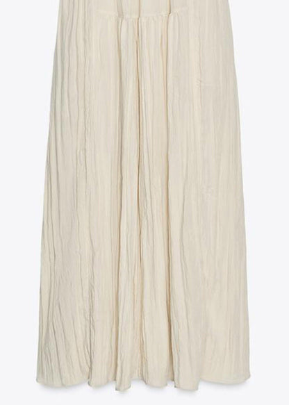 Women Beige Lace Up Wrinkled Cotton Long Dresses Summer