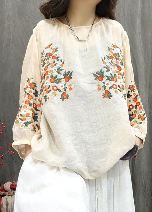 Women Beige O-Neck Embroidered Linen Shirt Top Fall