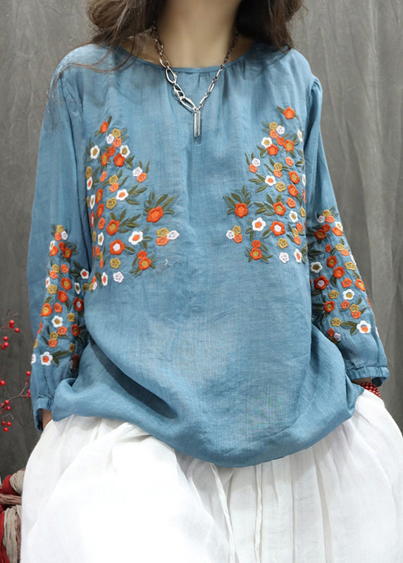 Women Beige O-Neck Embroidered Linen Shirt Top Fall