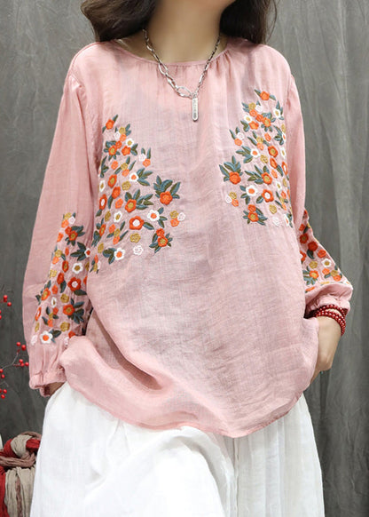 Women Beige O-Neck Embroidered Linen Shirt Top Fall
