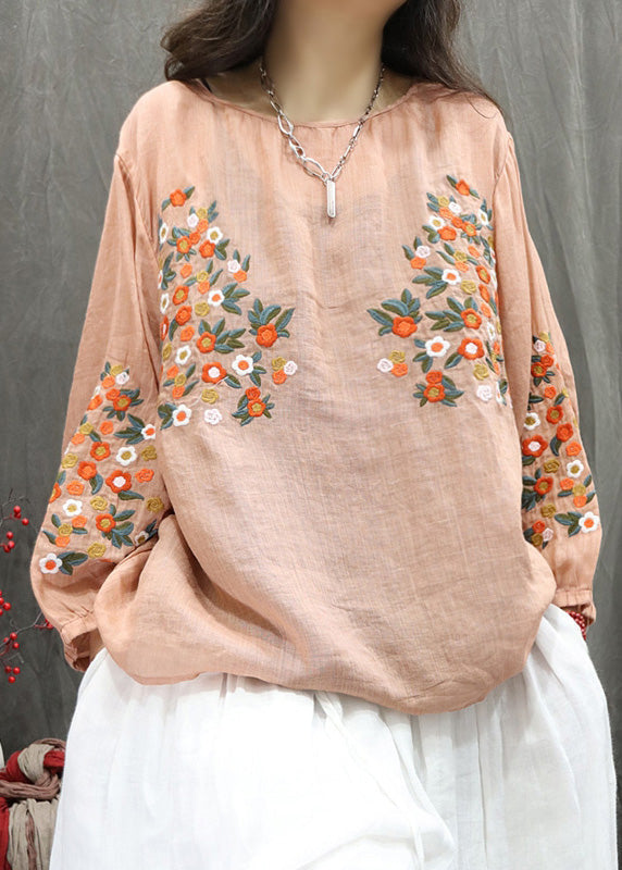 Women Beige O-Neck Embroidered Linen Shirt Top Fall