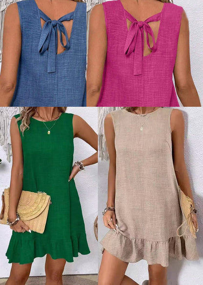 Women Beige O-Neck Lace Up Cotton Mid Dress Sleeveless