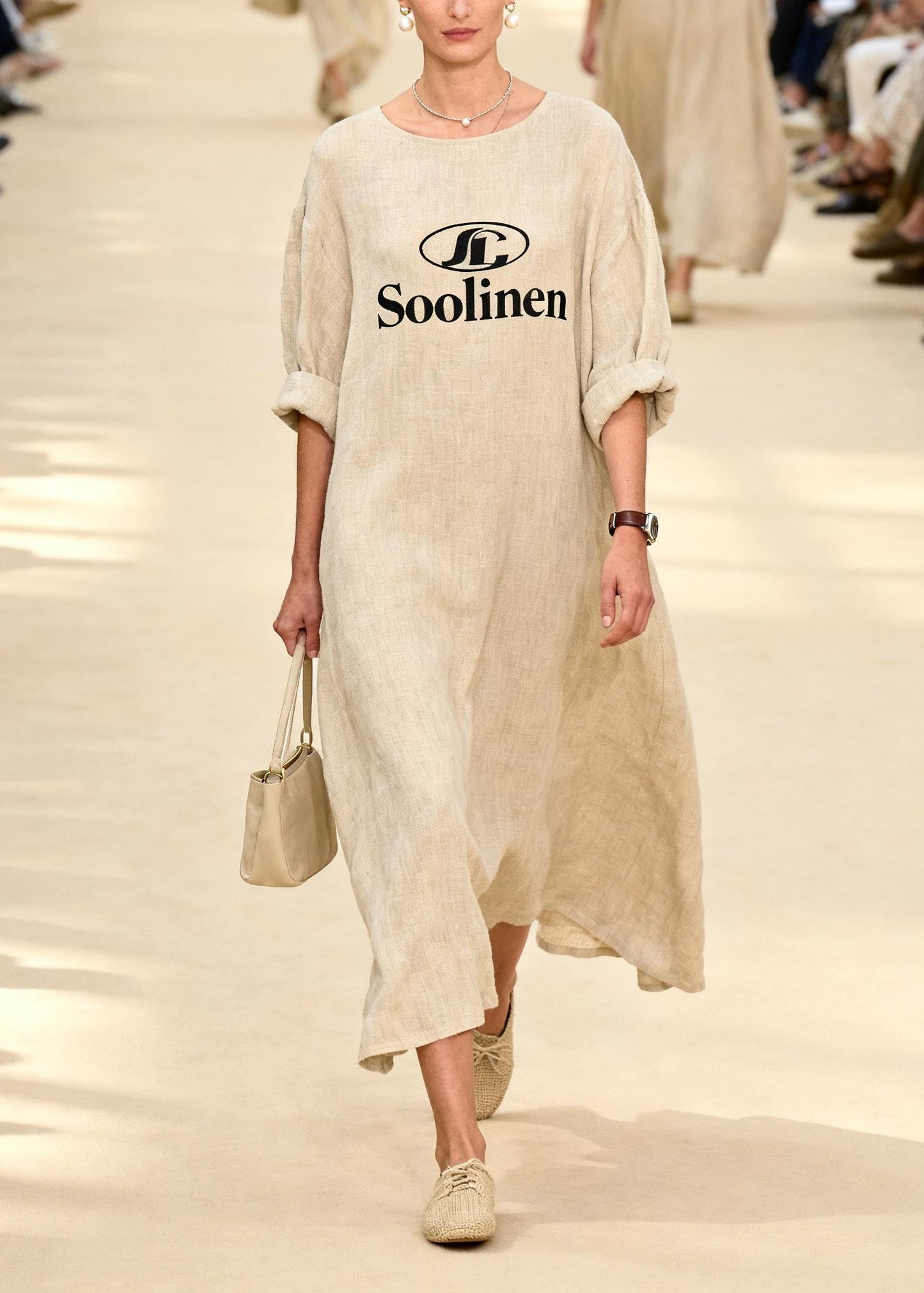 Women Beige Oversized Print Linen Long Dress Summer