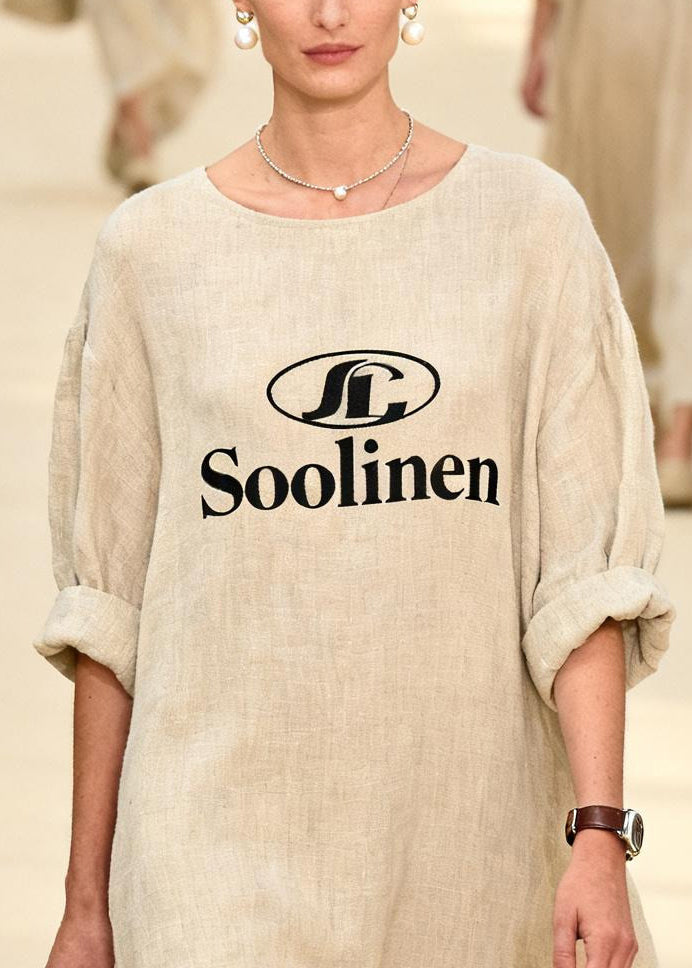 Women Beige Oversized Print Linen Long Dress Summer
