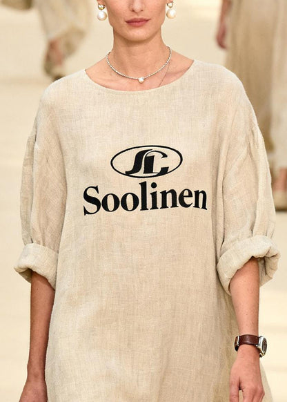 Women Beige Oversized Print Linen Long Dress Summer