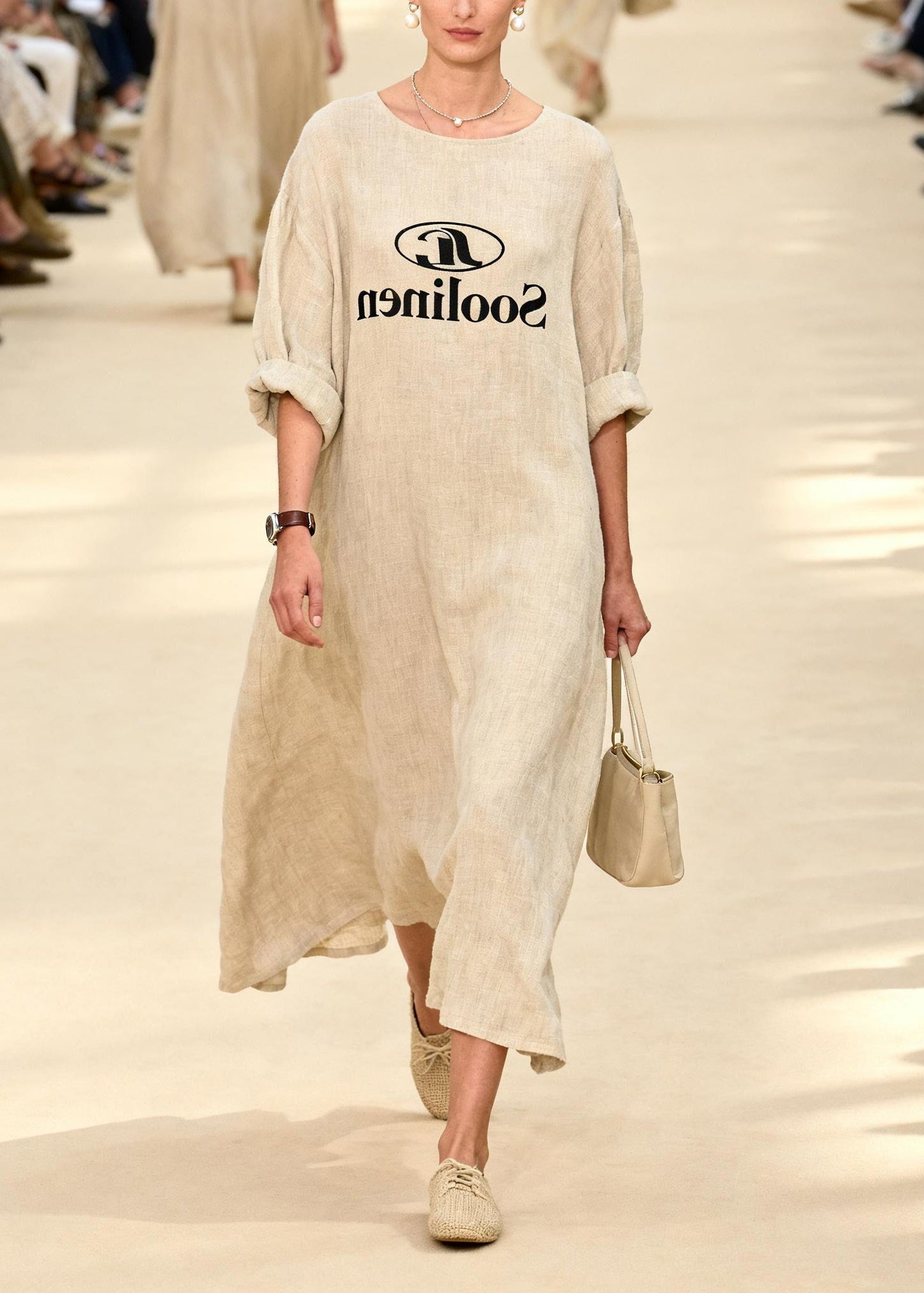 Women Beige Oversized Print Linen Long Dress Summer
