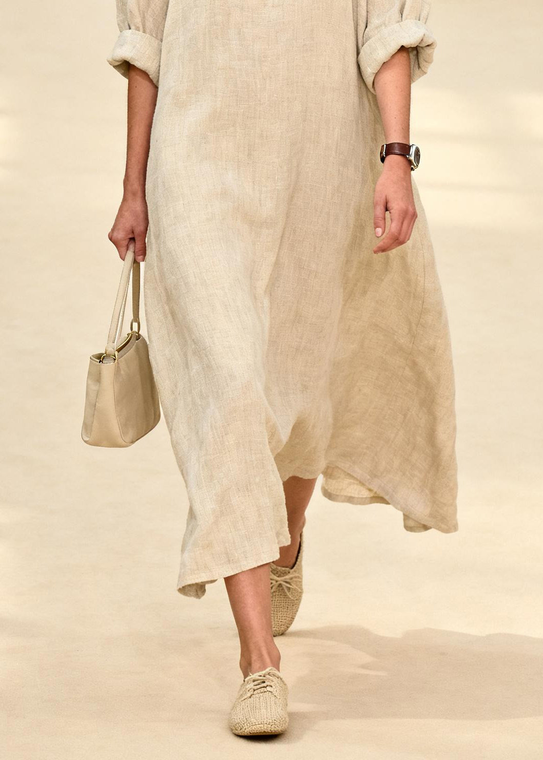 Women Beige Oversized Print Linen Long Dress Summer
