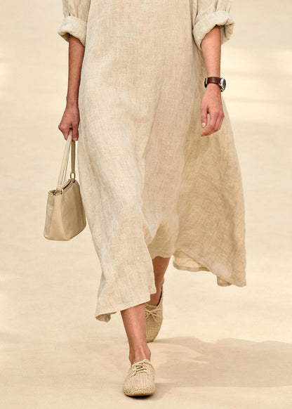 Women Beige Oversized Print Linen Long Dress Summer