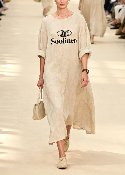 Women Beige Oversized Print Linen Long Dress Summer