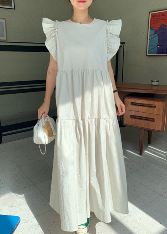 Beige Patchwork-Baumwollkleid mit Schmetterlingsärmeln für Damen