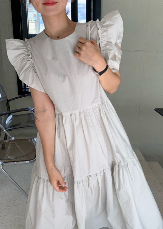 Beige Patchwork-Baumwollkleid mit Schmetterlingsärmeln für Damen