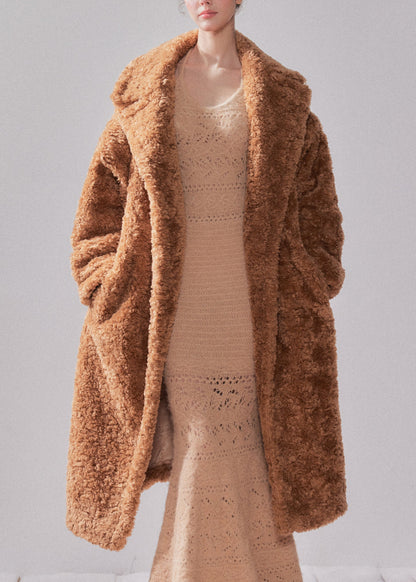 Women Beige Peter Pan Collar Pockets Faux Fur Long Coats Winter