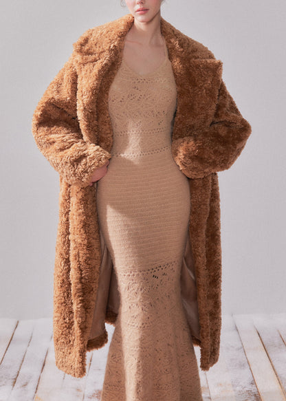 Women Beige Peter Pan Collar Pockets Faux Fur Long Coats Winter