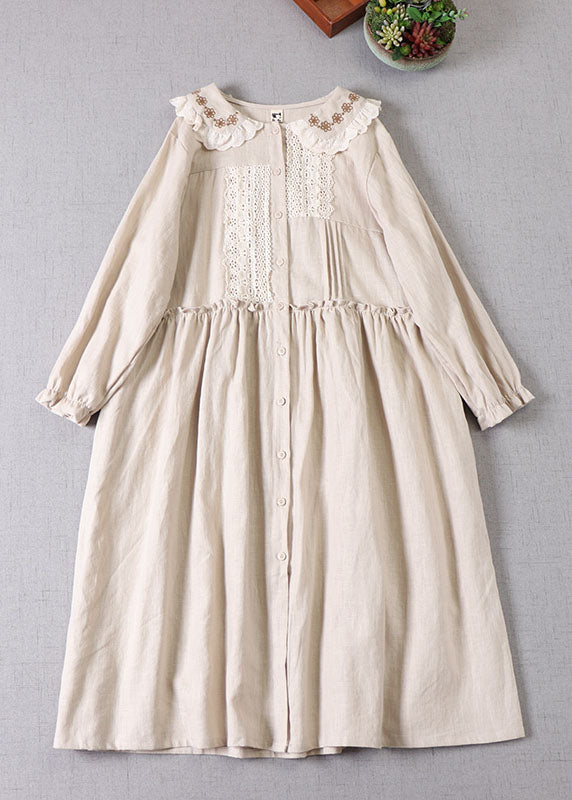 Women Beige Peter Pan Collar Ruffled Linen Dress Spring