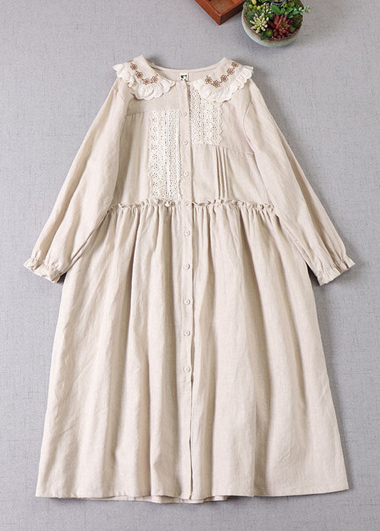 Women Beige Peter Pan Collar Ruffled Linen Dress Spring