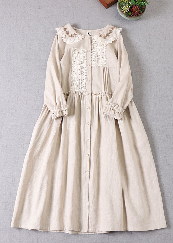Women Beige Peter Pan Collar Ruffled Linen Dress Spring