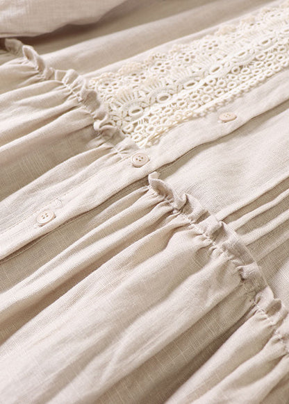 Women Beige Peter Pan Collar Ruffled Linen Dress Spring