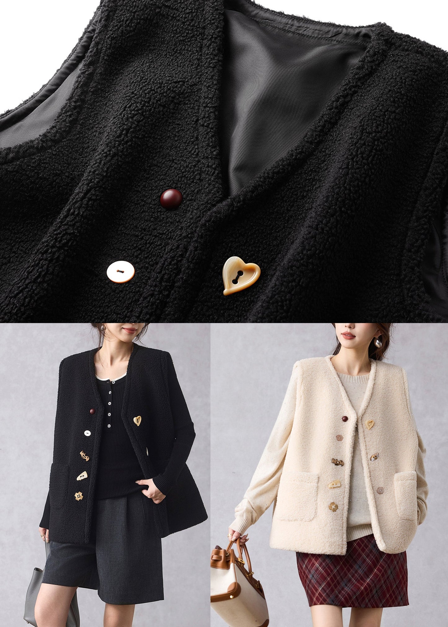 Beige Damenweste mit Taschen, kuschelig, einfarbig, aus Kunstpelz, Winter