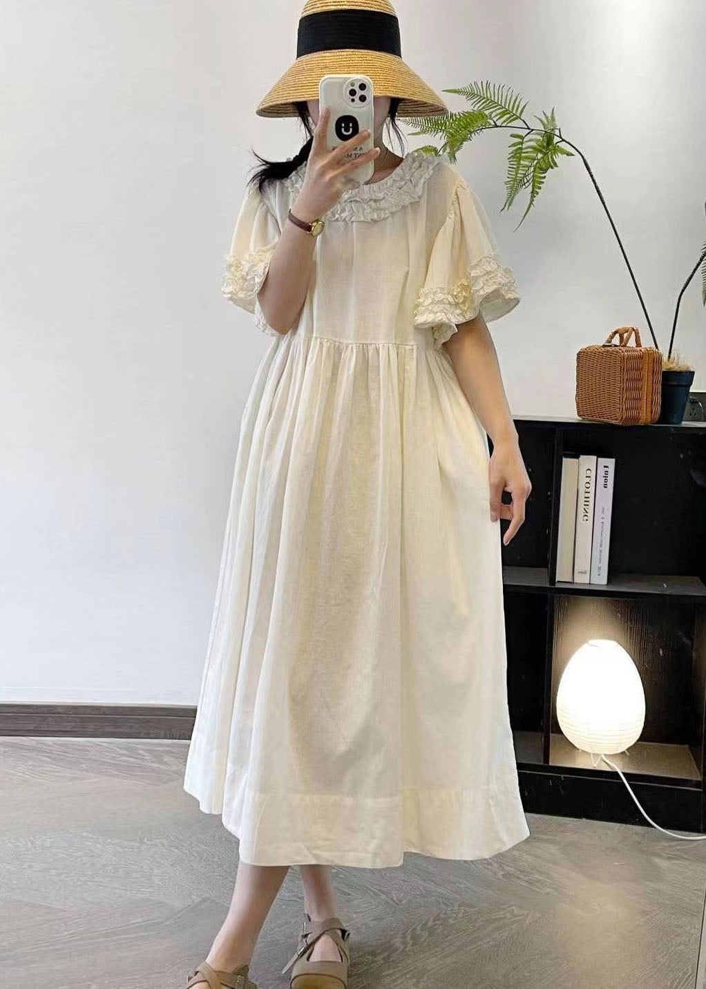 Frauen Beige Rüschen Patchwork Baumwolle Lange Kleider Sommer