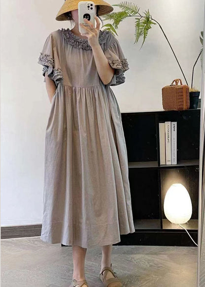 Frauen Beige Rüschen Patchwork Baumwolle Lange Kleider Sommer